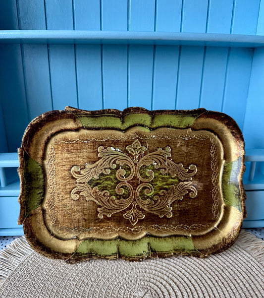 Vintage Italian Florentine Green & Gold Gold Baroque Rococo Wooden Tray, Vintage Decorative Serving Tray, Hand Painted, High Tea, Gift Idea