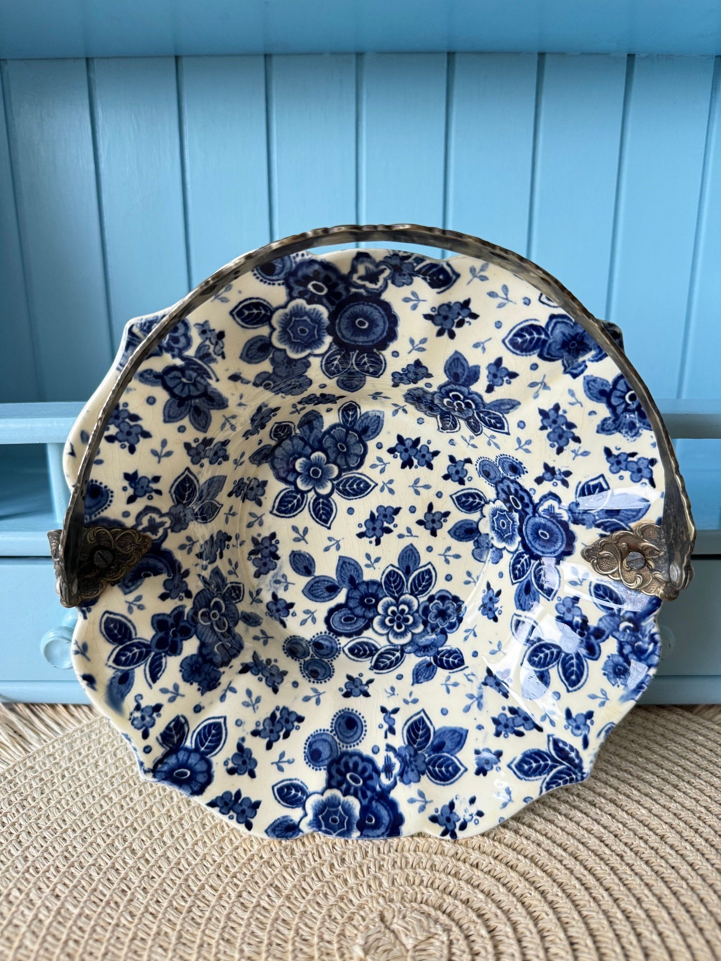 Pretty Silver Plated 'Beatrix' Bonbon Plate w/ Handle, Previously Loved, Société Ceramique Maestricht, Beautiful Blue Floral Decor, Holland