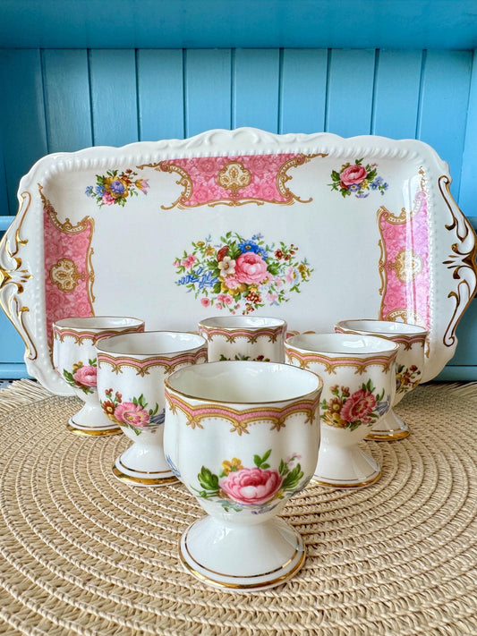 Hard to Find Vintage Royal Albert "Lady Carlyle" Set of 6 Egg Cups with Sandwich Plate, Bone China, Previously Loved, Pink Roses, England