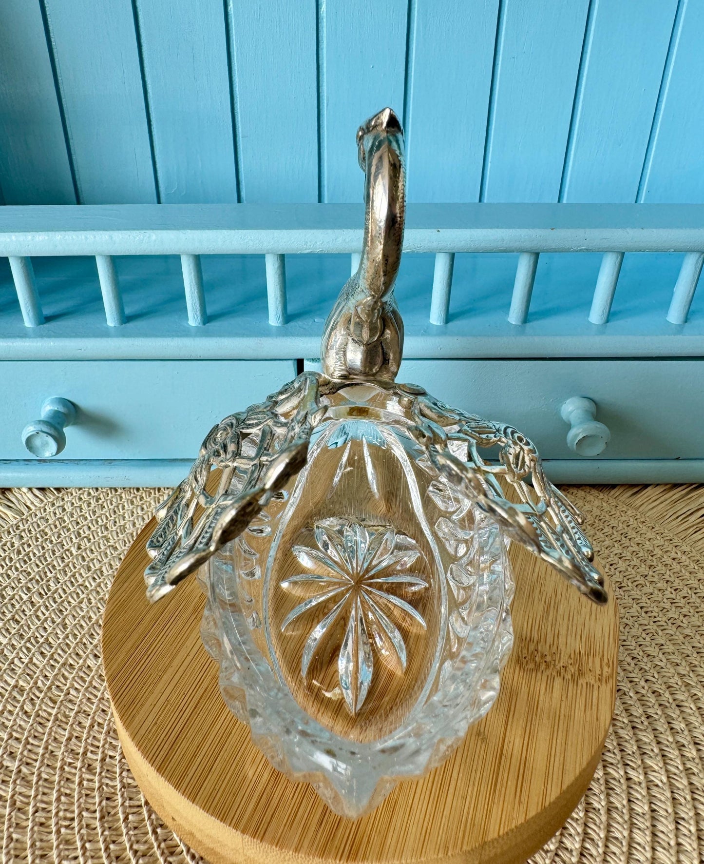 Rare Find: Vintage Swan Sugar Bowl, Crystal with Silver-Toned Rose Wings, Hallmarked Crown & G, Elegant Table Display Piece, Made in France