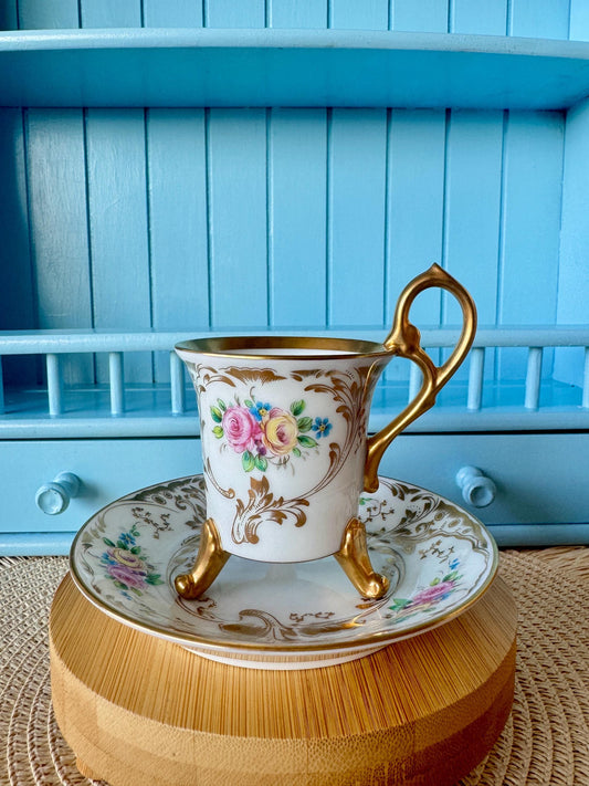 Hard To Find Vintage Golden Floral O.H.C Ohashi Japan Empire Style Cup & Saucer, Cabinet Cup, Pink, Yellow, Blue Gold Decor, Made in Japan