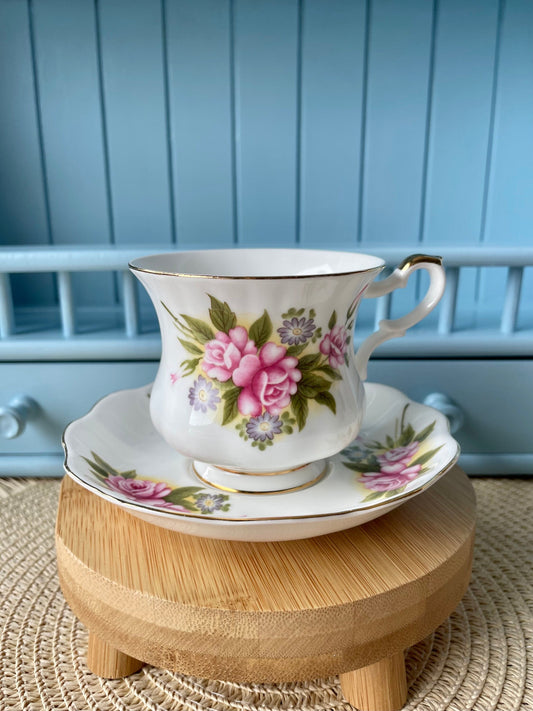 Vintage 'Royal Ascot' Rose Basket Tea Cup And Saucer, Made In England. Fine Bone China, Previously Loved Vintage Cup, Antique British TeaCup