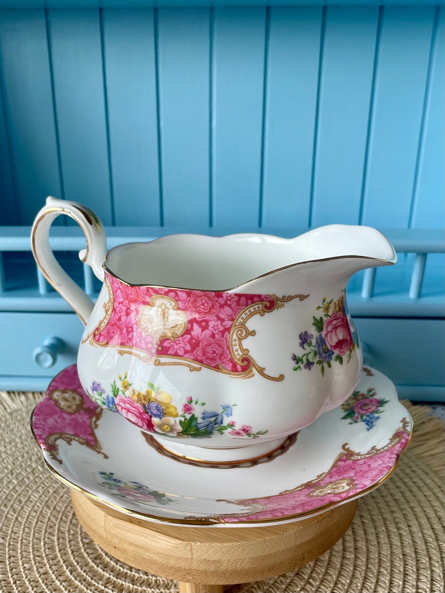 Rare Find, Royal Albert Lady Carlyle English Large Gravy Boat with Underplate, Bone China, Previously Loved, Pink Borders and Floral Decor