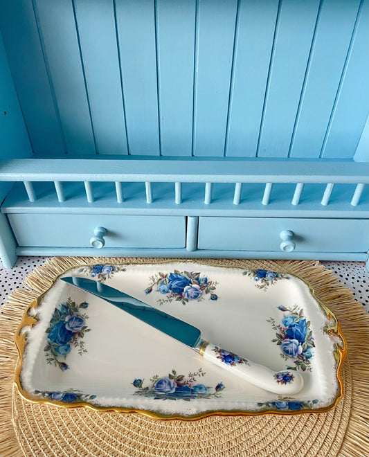 Very Rare, Vintage Royal Albert "Moonlight Rose" Bread Knife, Bone China,  Porcelain Handle, Pretty Blue Roses Decor, Knife, Made in England