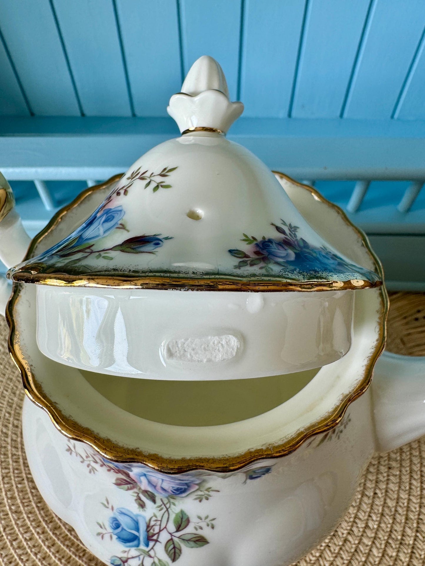 Very Rare Hard To Find "Medium" Royal Albert "Moonlight Rose" Tea Pot, Spout Inside Lid Is Missing, Bone China, Blue Roses Decor, England