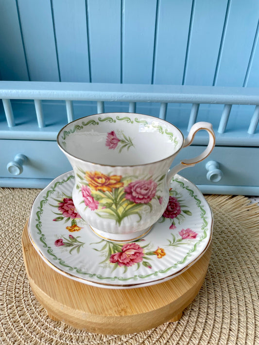 Vintage Royal Queens Fine Bone China 'January' Teacup & Sauc