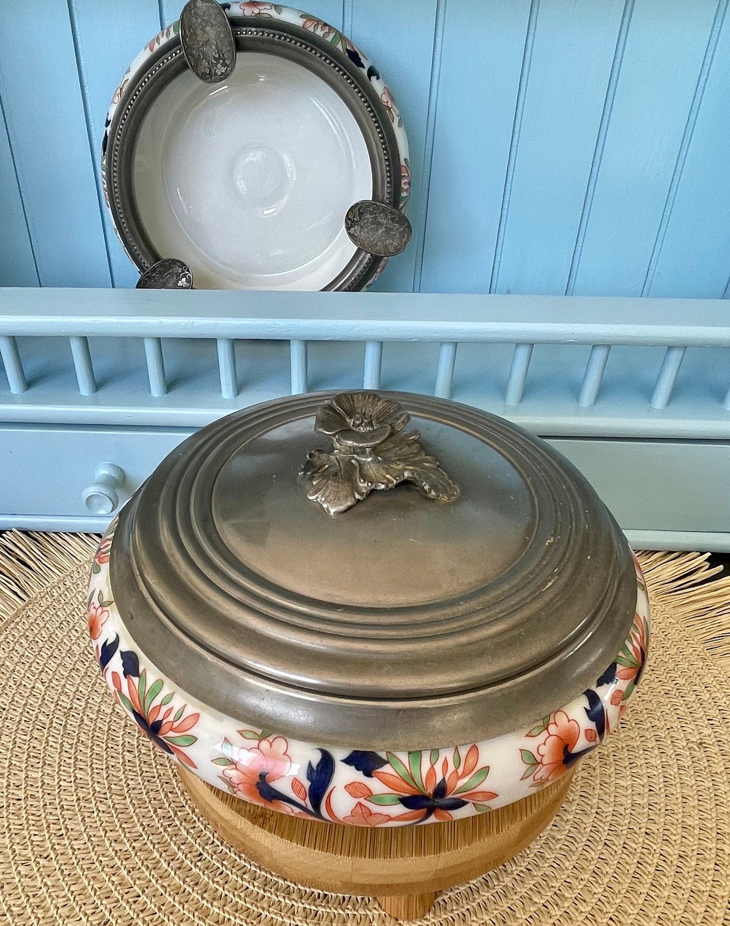 Beautiful Vintage Porcelain Bowl With Tin Lid & Rose
