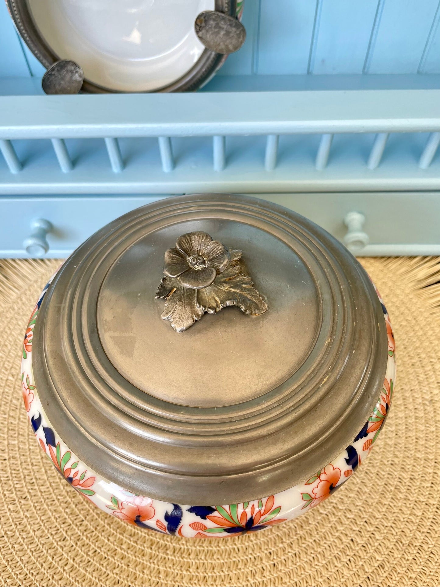 Beautiful Vintage Porcelain Bowl With Tin Lid & Rose