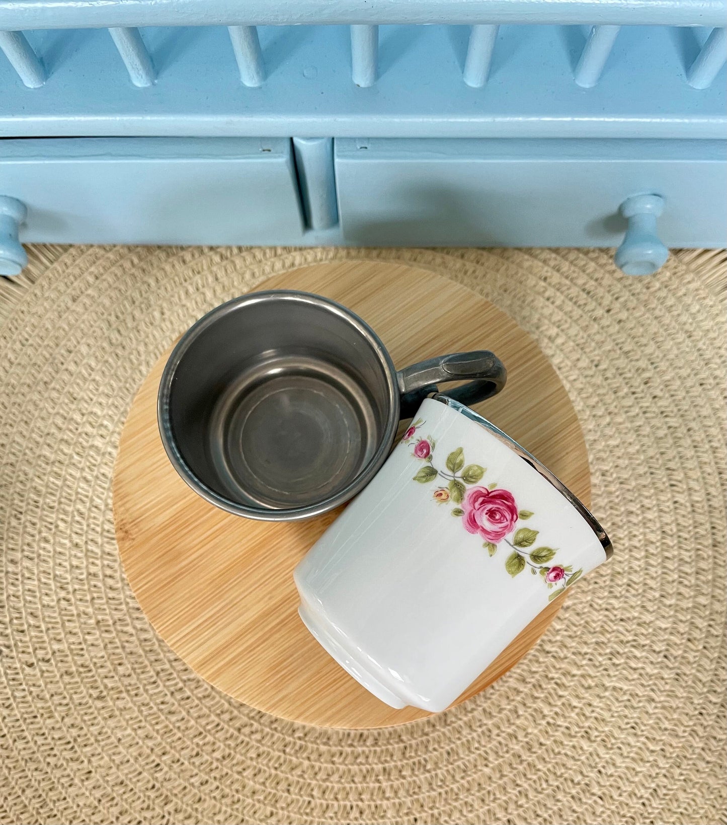 Beautiful Vintage Tin Cup Holder with Bareuther Bavaria Porc