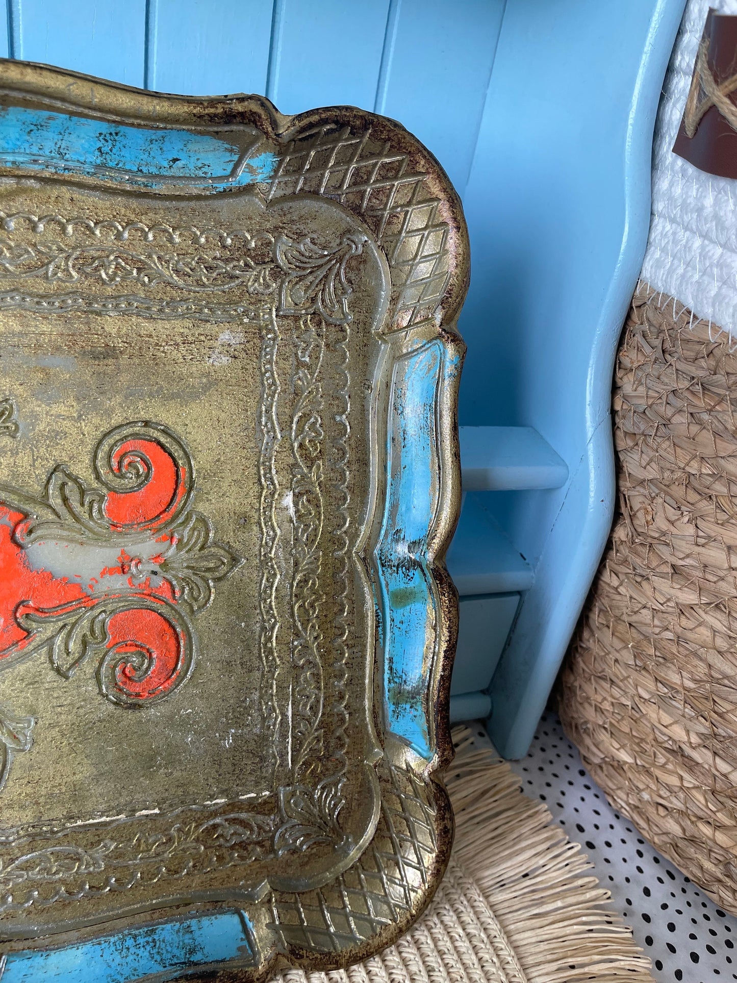 Vintage Italian Florentine Blue & Orange Gold Baroque Rococo