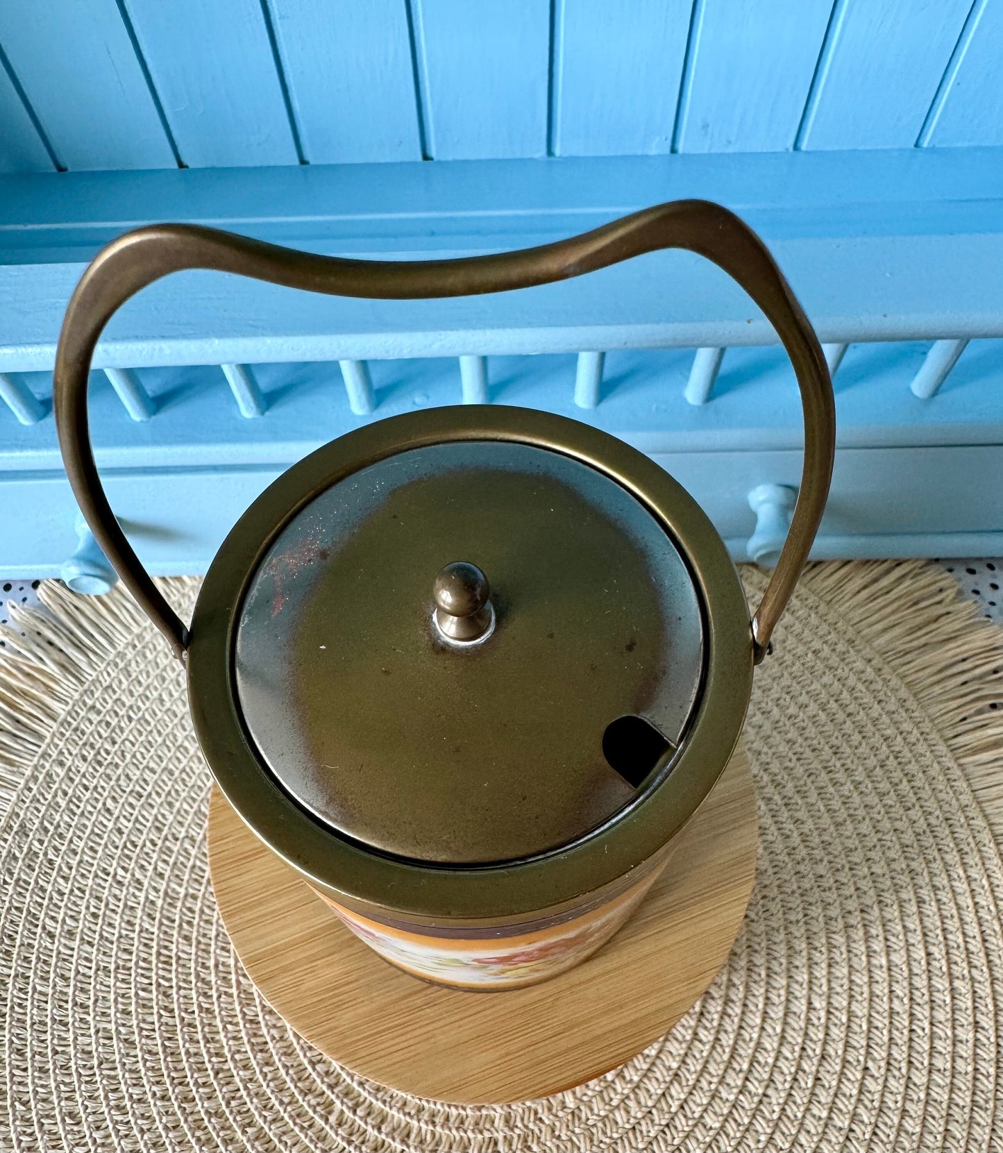 Vintage Cobalt Blue Floral Biscuit Barrel with Lid & Handle