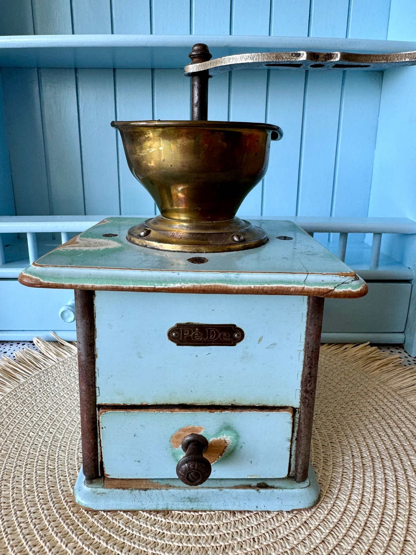 Vintage Mid Century German PE~DE Coffee Grinder | Baby Blue