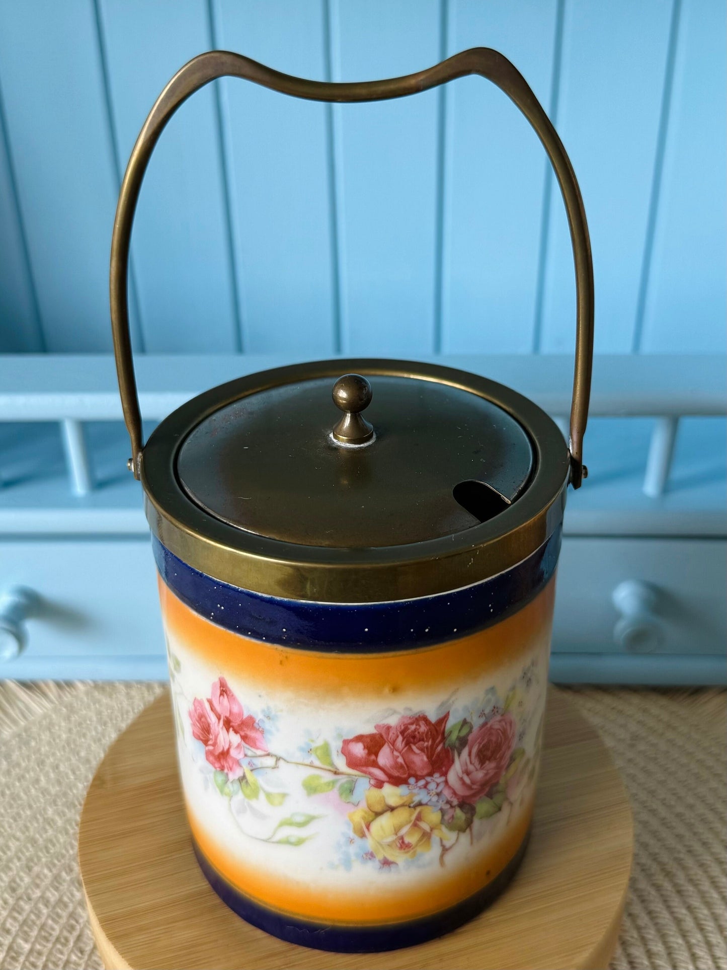 Vintage Cobalt Blue Floral Biscuit Barrel with Lid & Handle