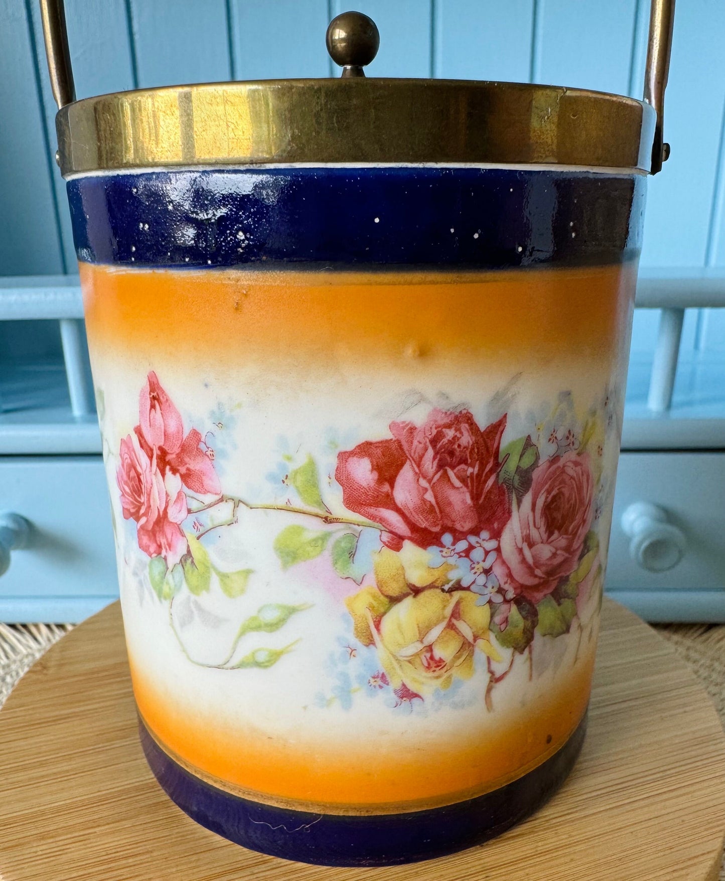 Vintage Cobalt Blue Floral Biscuit Barrel with Lid & Handle