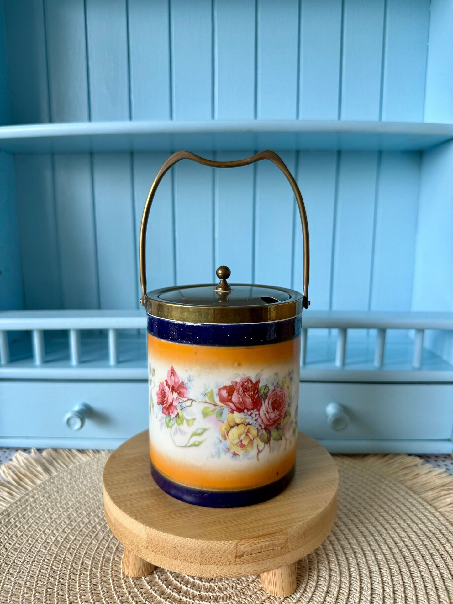 Vintage Cobalt Blue Floral Biscuit Barrel with Lid & Handle