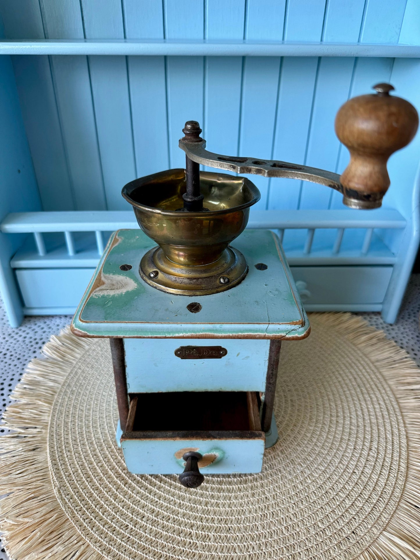 Vintage Mid Century German PE~DE Coffee Grinder | Baby Blue