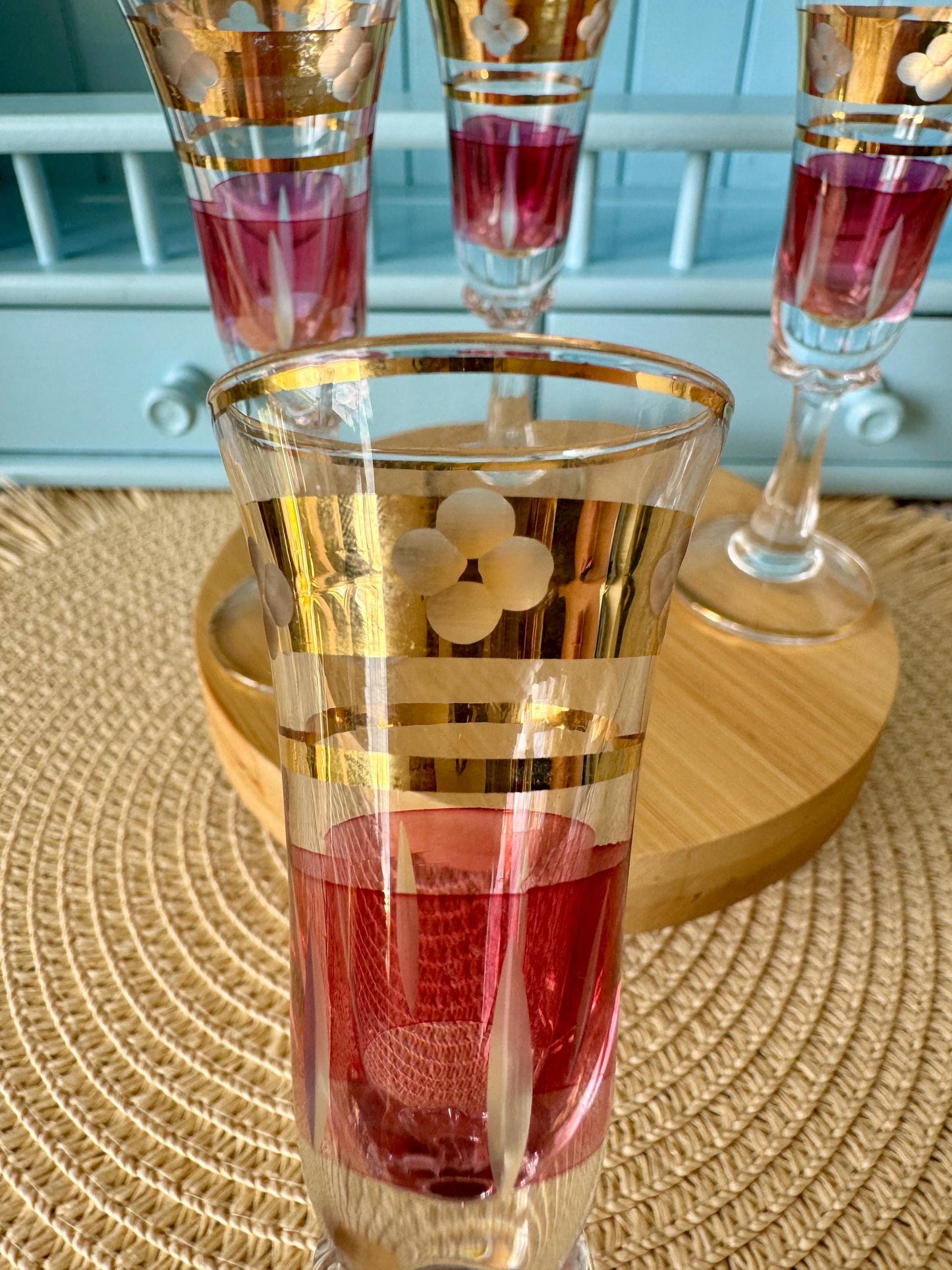 Antique Gold Rimmed Ruby Colored Small Liqueur Glasses