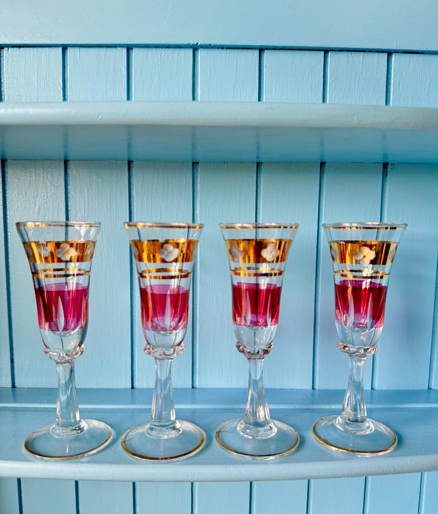 Antique Gold Rimmed Ruby Colored Small Liqueur Glasses