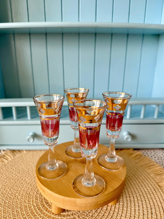 Antique Gold Rimmed Ruby Colored Small Liqueur Glasses