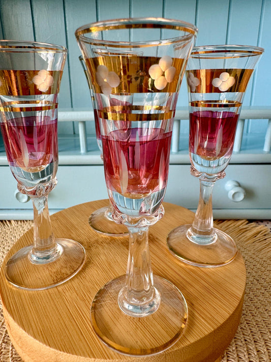 Antique Gold Rimmed Ruby Colored Small Liqueur Glasses