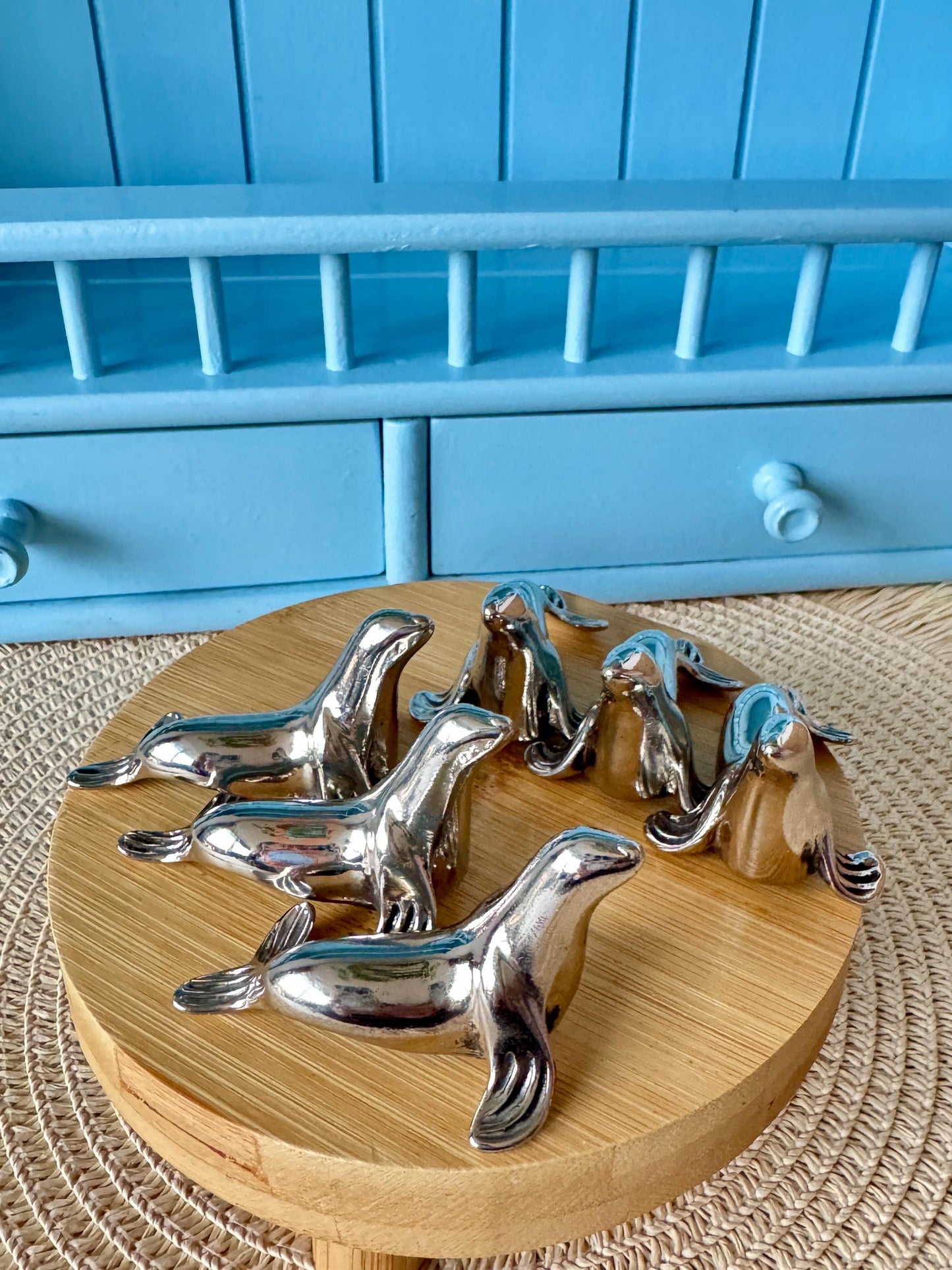 Set of 6 Vintage Sea Lions Silver Metal Knife Rests
