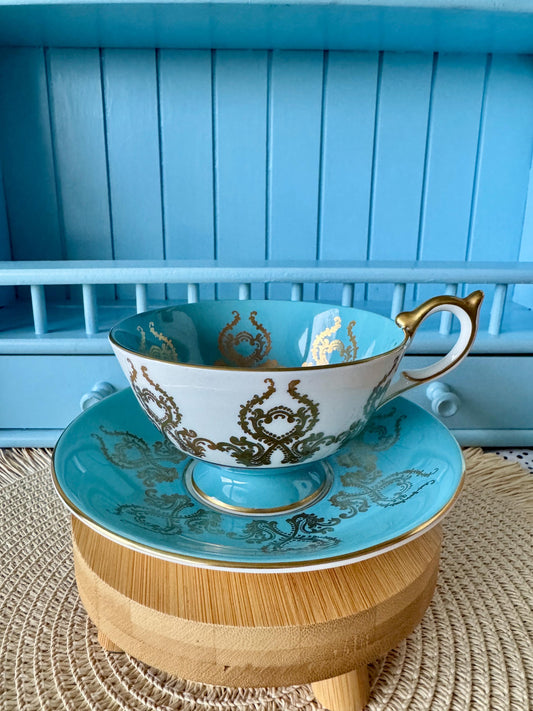 Rare Vintage Aynsley Turquoise Teacup Set c. 1960 - Bone Chi