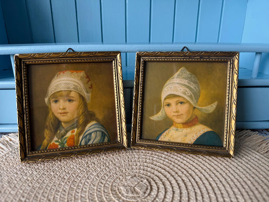 Pair of Antique Dutch Girl Portrait Prints in Traditional Kl