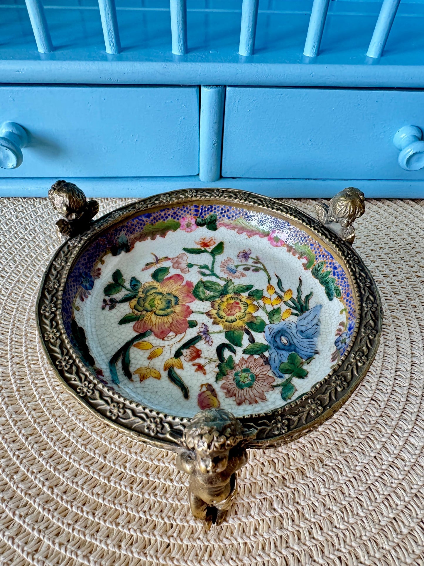 Vintage Putti Wong Lee 1895 Porcelain & Ormolu Cherub Dish