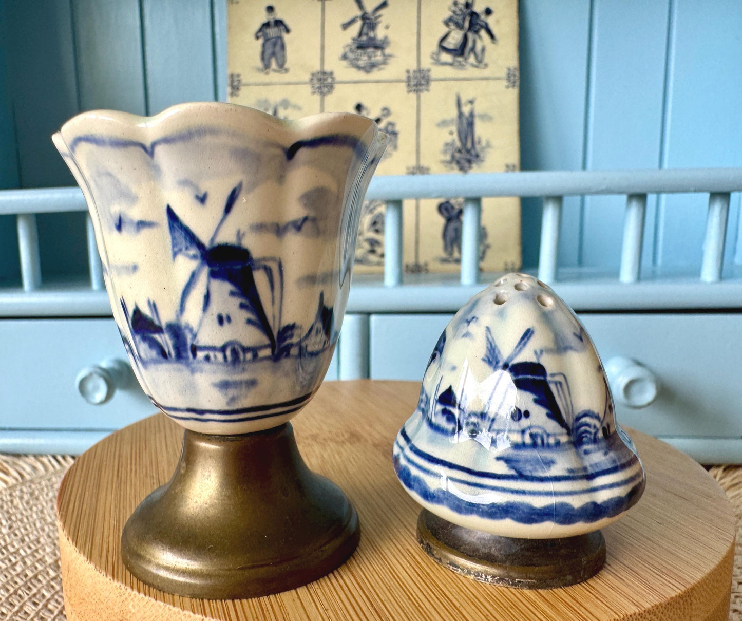 Vintage Delft Blue Egg Cup and Salt Shaker Set