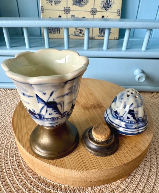 Vintage Delft Blue Egg Cup and Salt Shaker Set