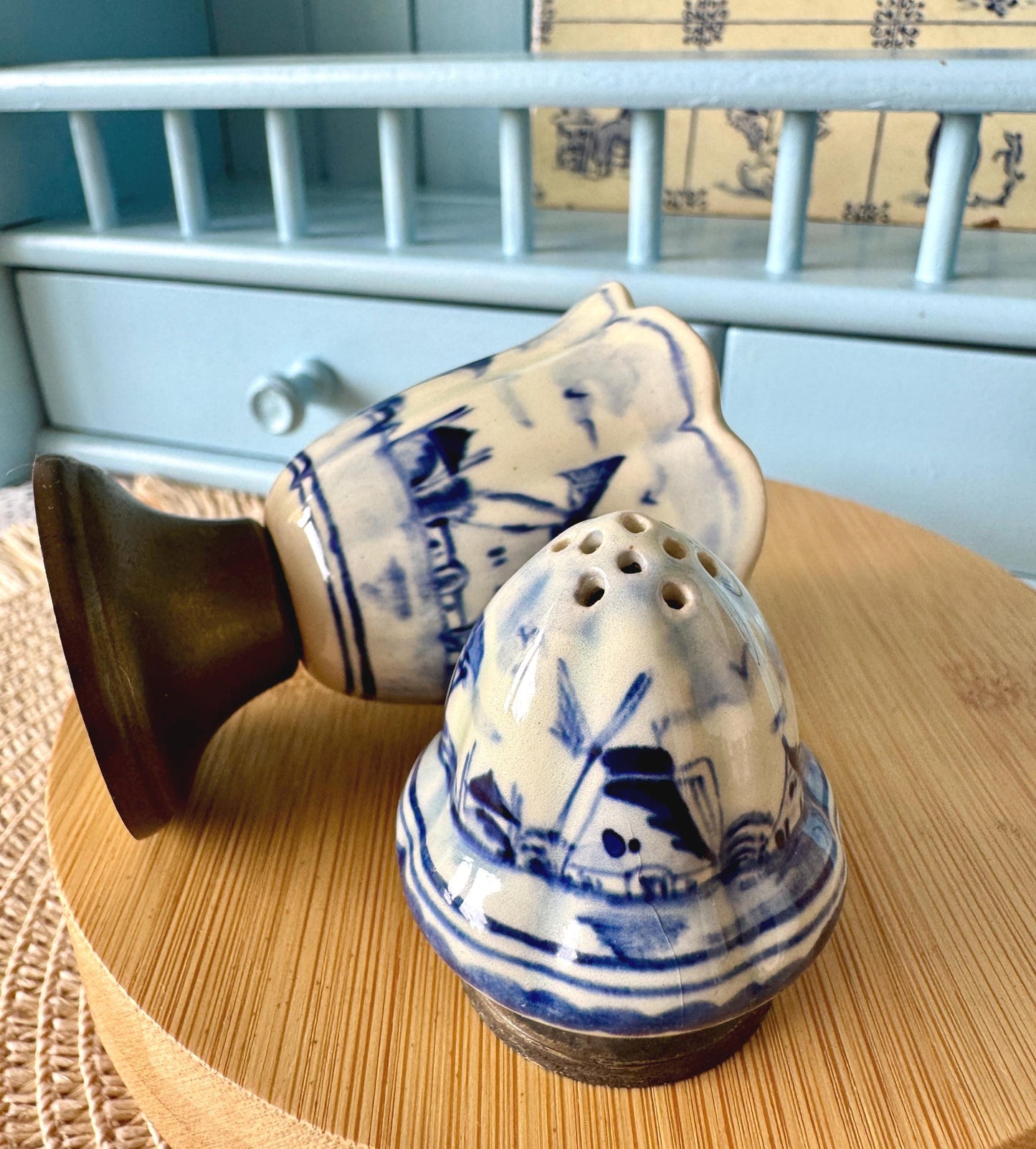 Vintage Delft Blue Egg Cup and Salt Shaker Set