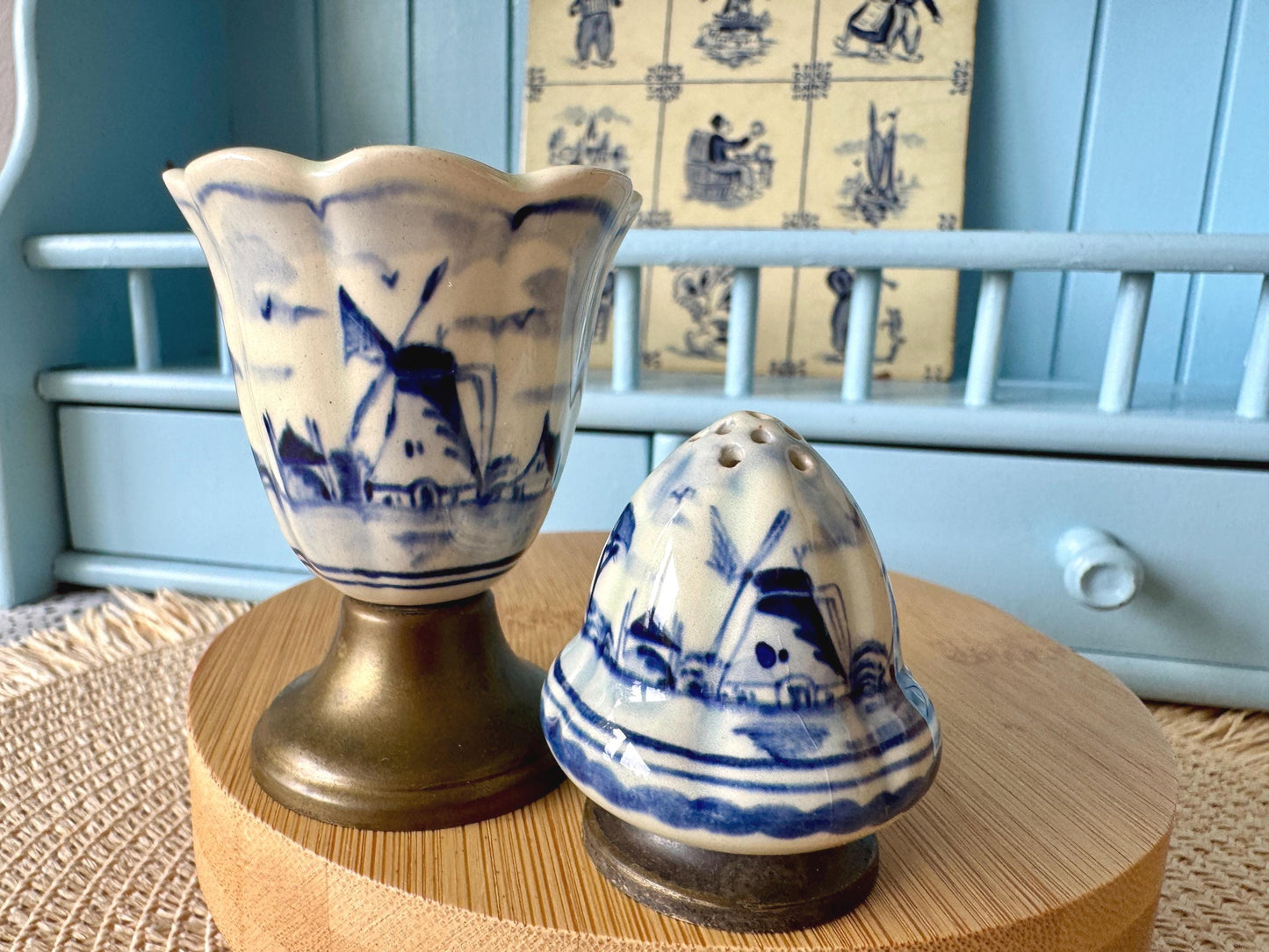 Vintage Delft Blue Egg Cup and Salt Shaker Set