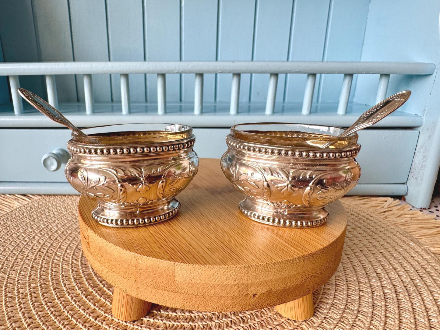 Antique French Silver Salt Cellars with Crystal Liners w Spo