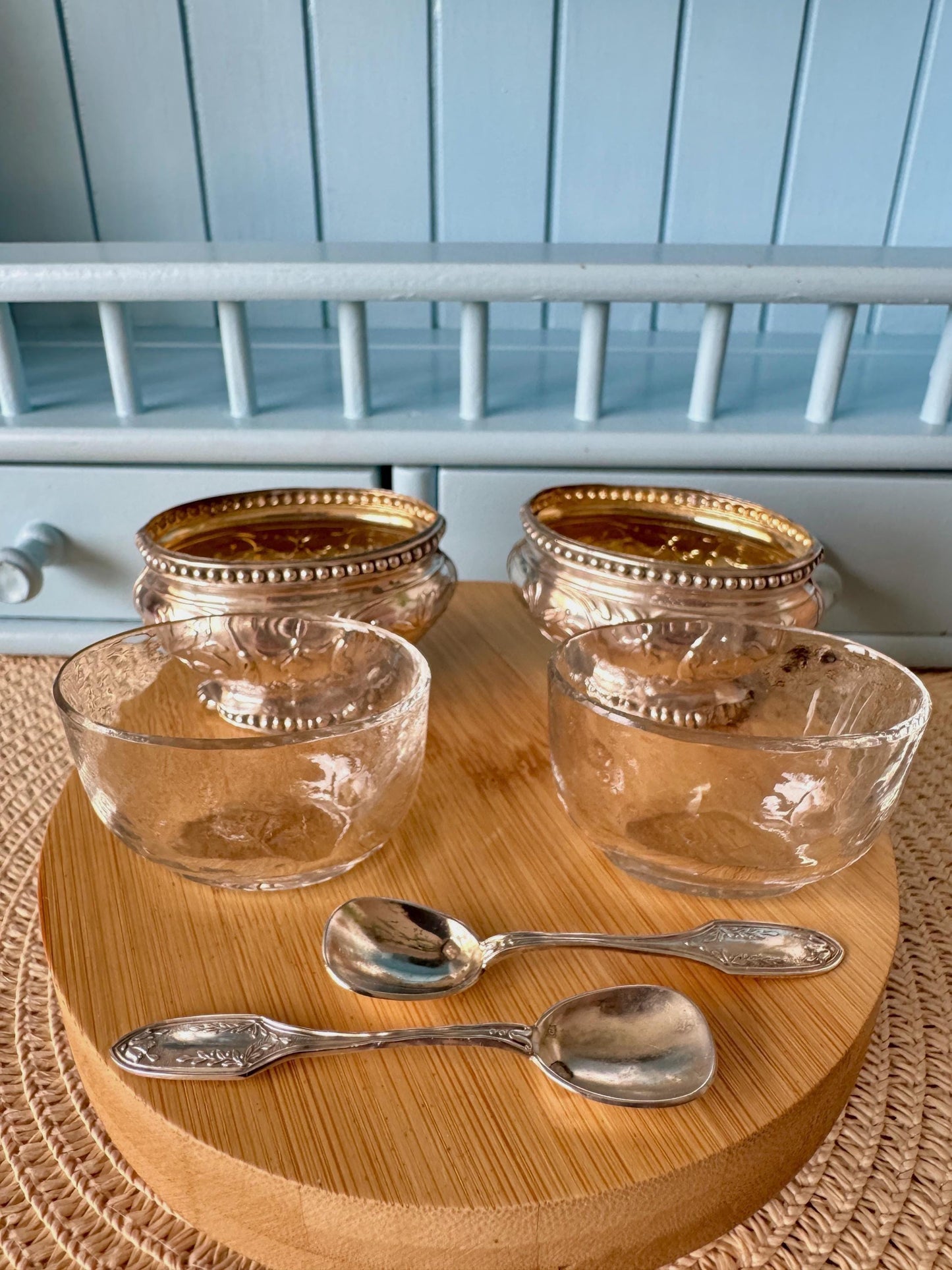 Antique French Silver Salt Cellars with Crystal Liners w Spo
