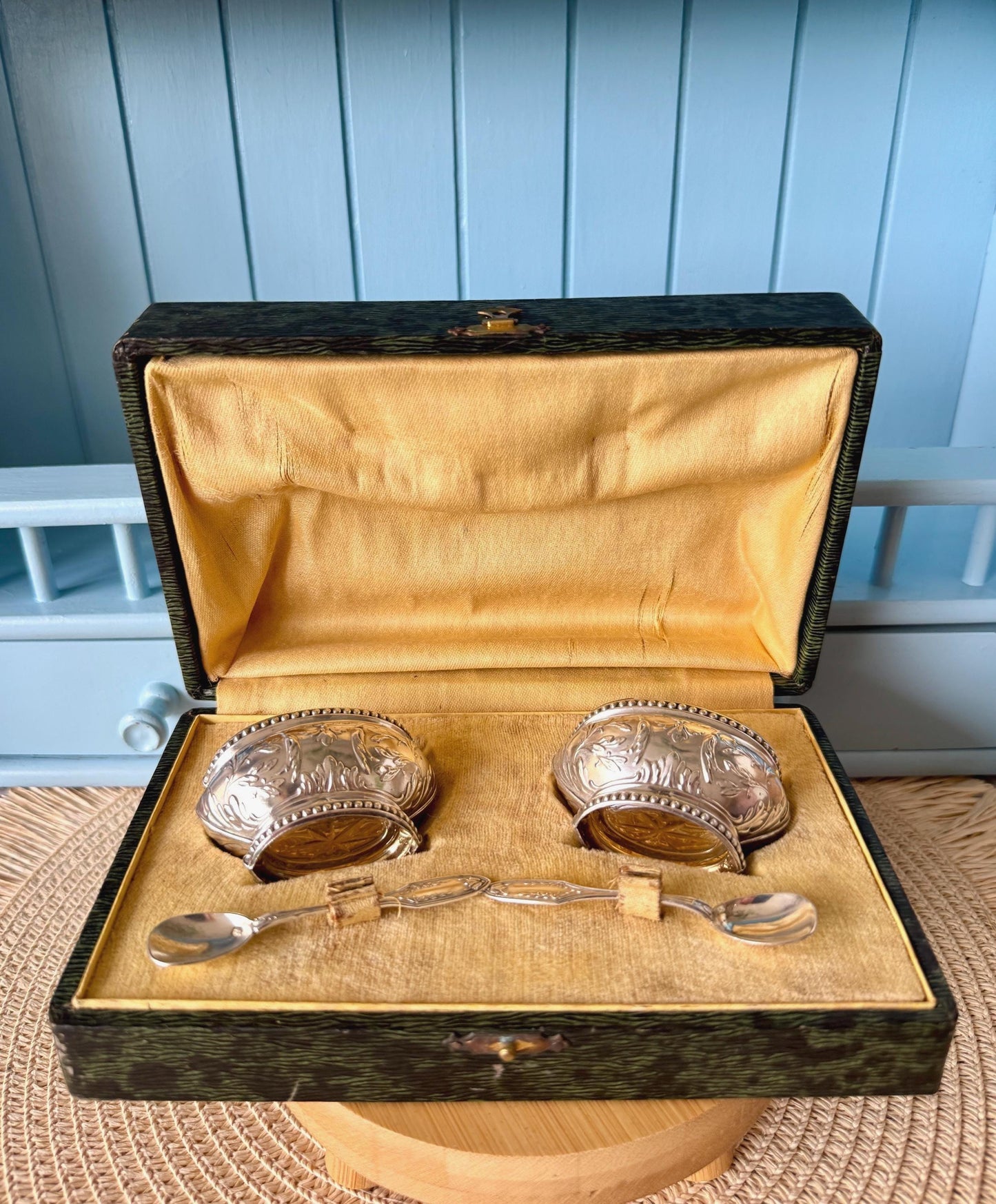 Antique French Silver Salt Cellars with Crystal Liners w Spo