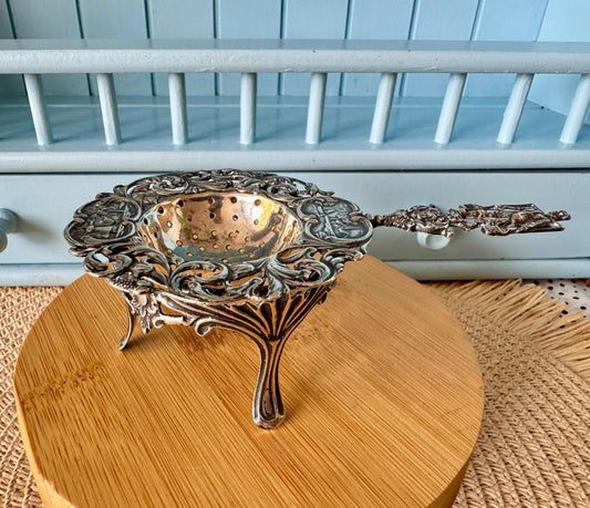 Antique Dutch Silver Tea Strainer & Stand