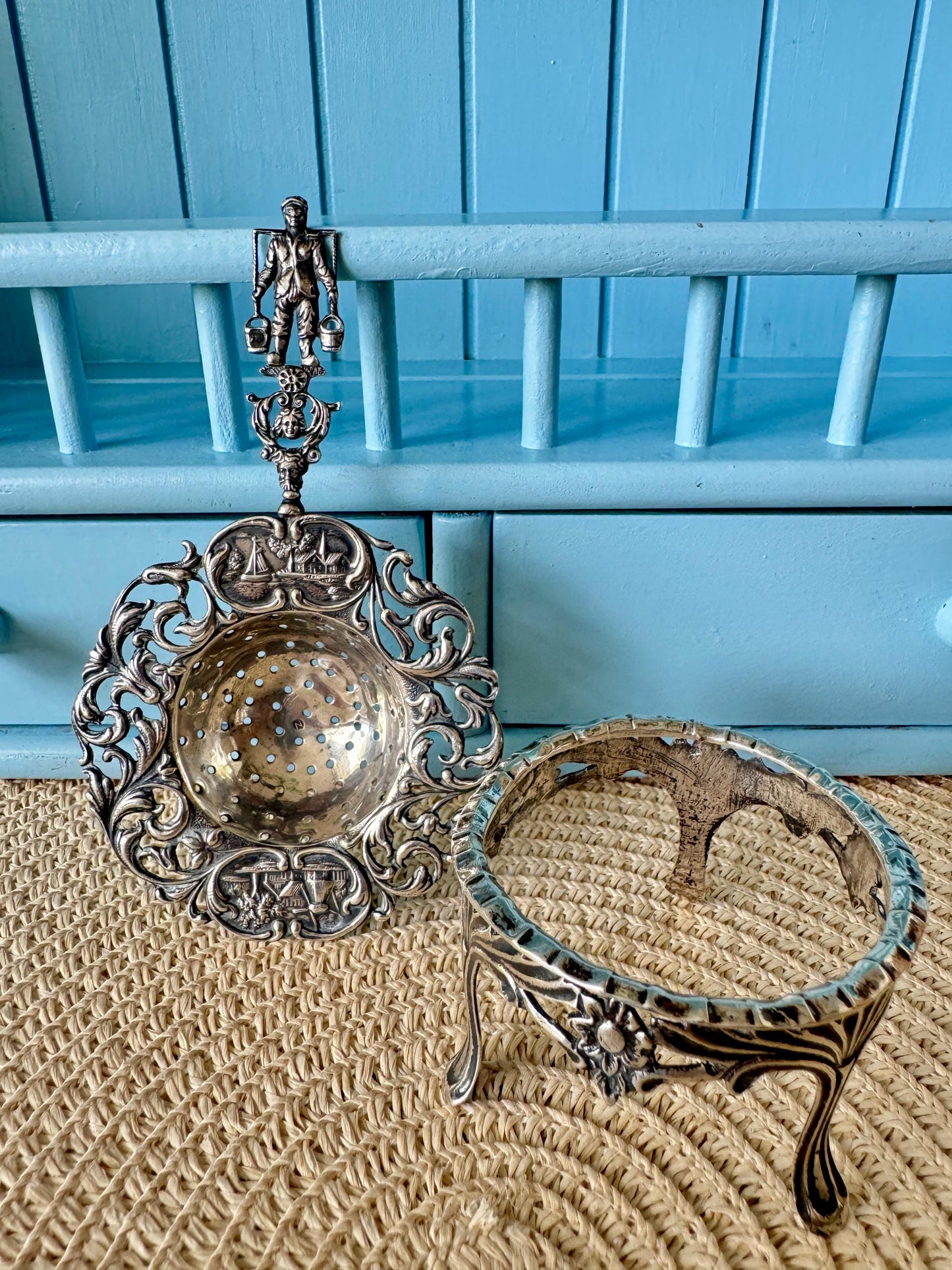 Antique Dutch Silver Tea Strainer & Stand