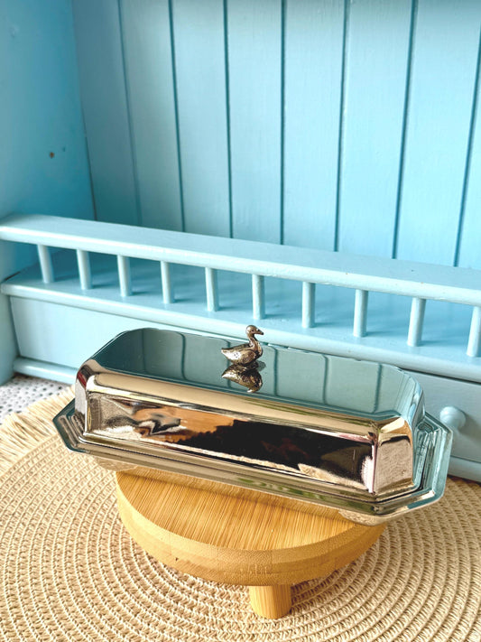 Charming Vintage Covered Butter Dish with Duck Finial & Star
