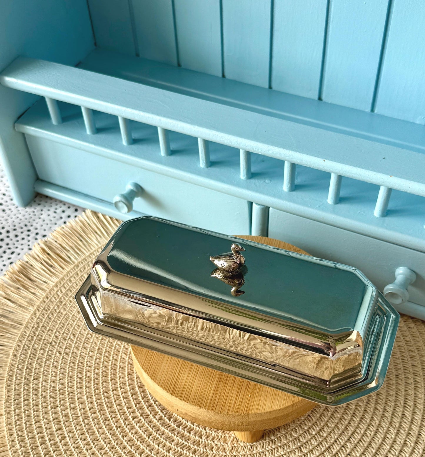 Charming Vintage Covered Butter Dish with Duck Finial & Star