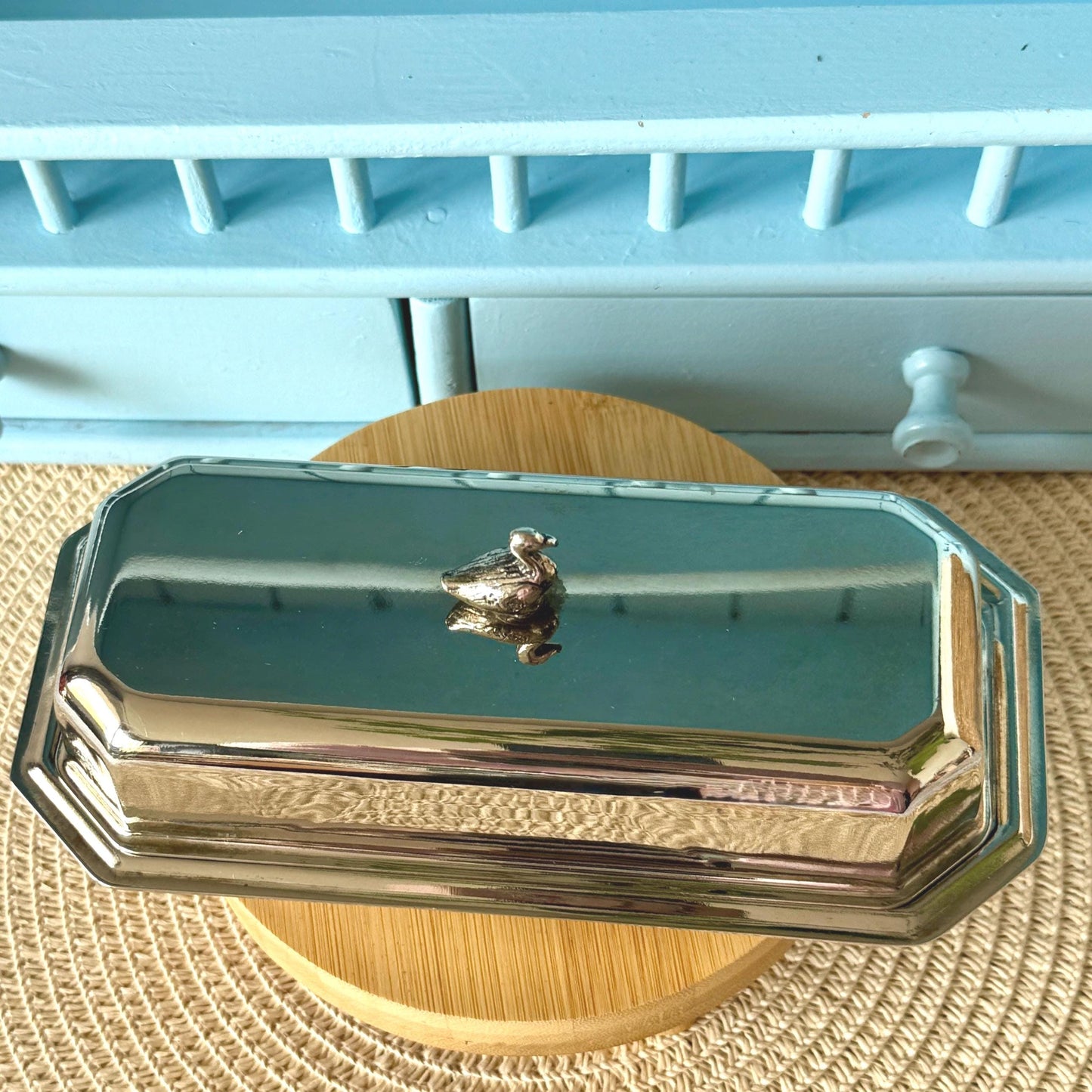 Charming Vintage Covered Butter Dish with Duck Finial & Star