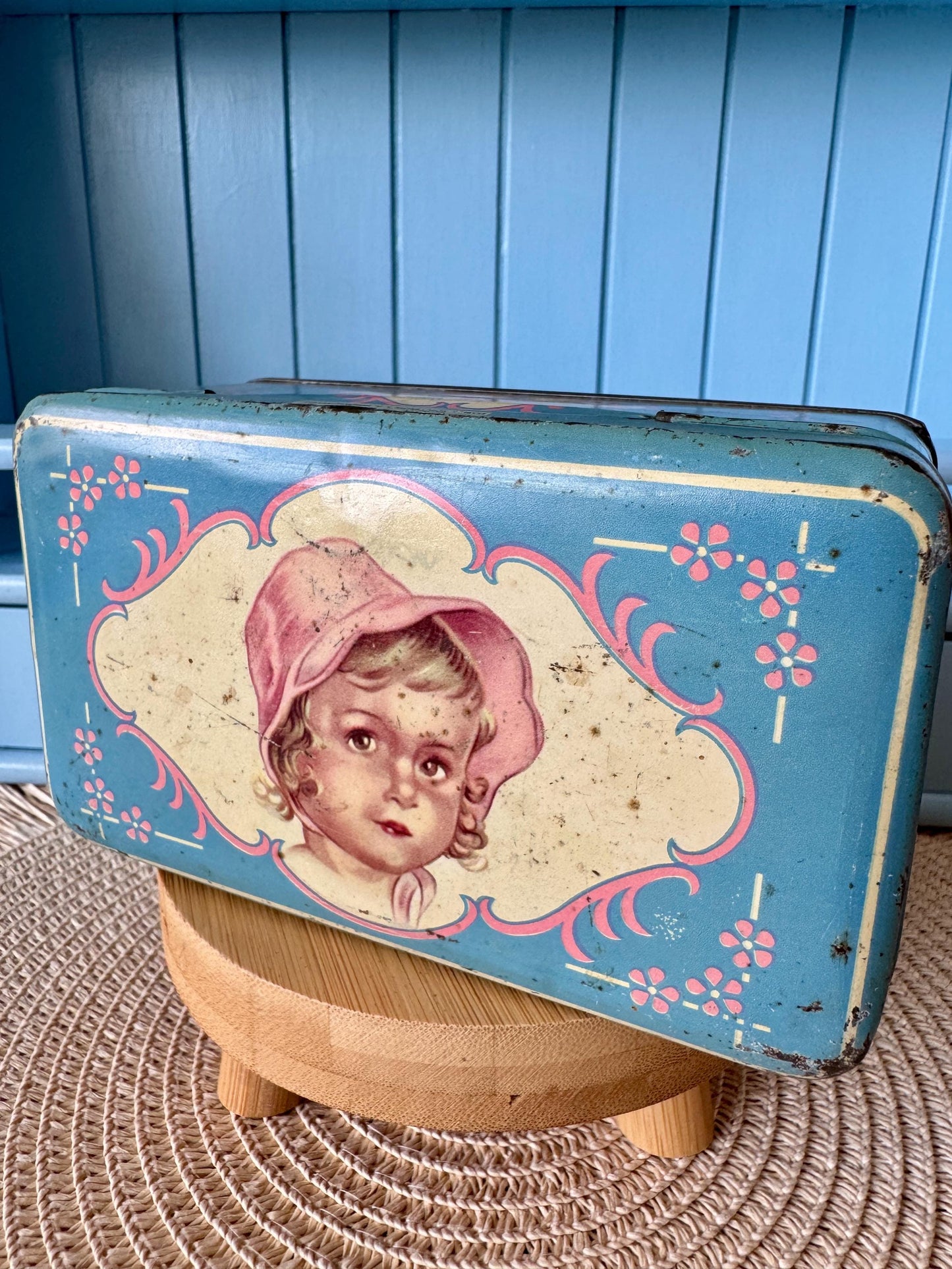Vintage Baby Blue Litho Tin Box