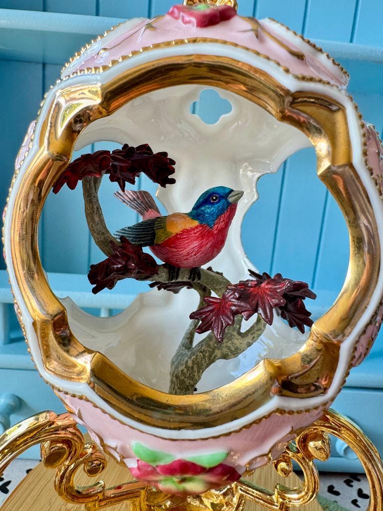 Vintage Handpainted Fabergé Porcelain Bunting Bird Egg