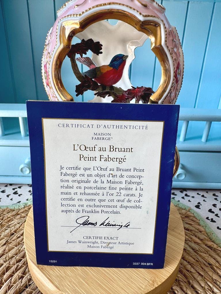 Vintage Handpainted Fabergé Porcelain Bunting Bird Egg