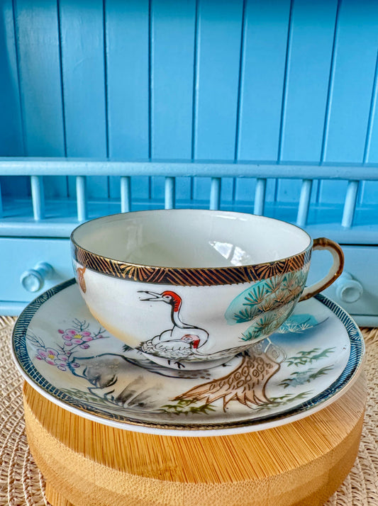 Vintage Japanese Eiwa Kinsei Crane & Pine Tree Teacup and Sa