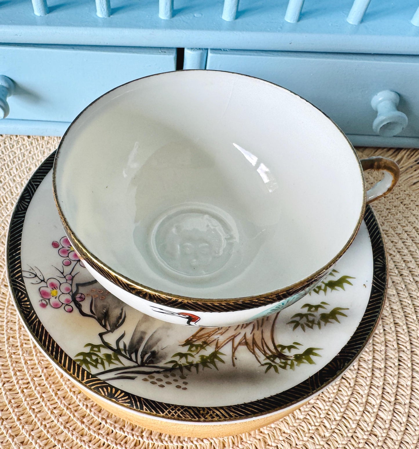 Vintage Japanese Eiwa Kinsei Crane & Pine Tree Teacup and Sa