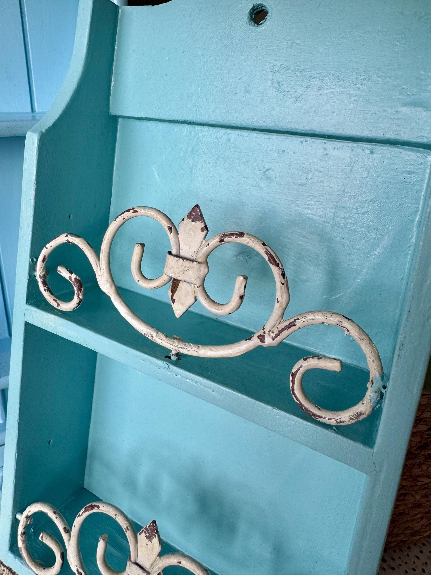 High-Quality Vintage Aqua Blue Wall Shelf with Hooks | Shabb