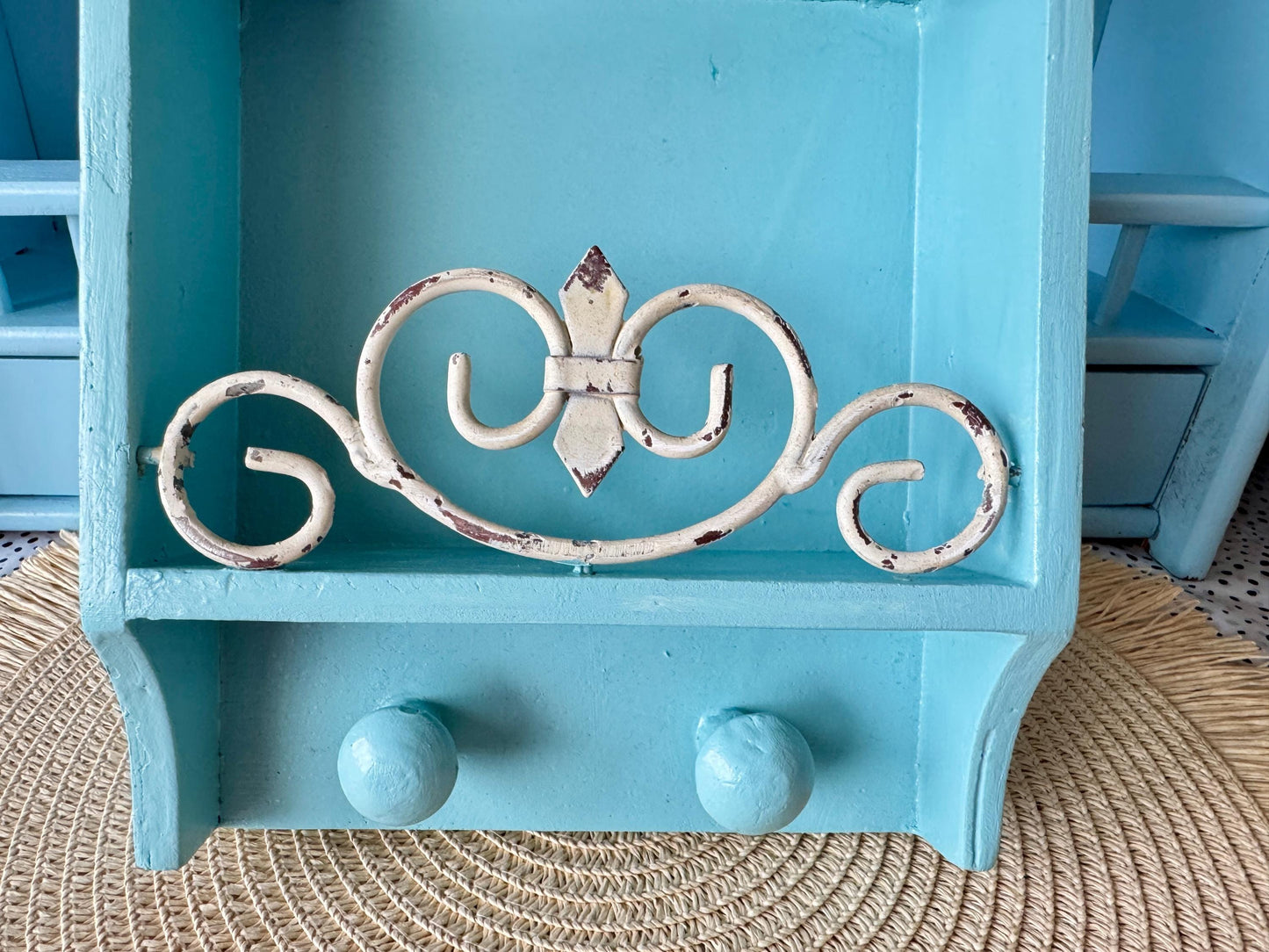 High-Quality Vintage Aqua Blue Wall Shelf with Hooks | Shabb