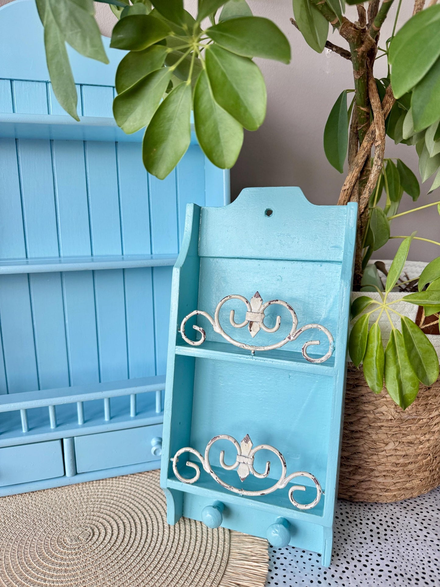 High-Quality Vintage Aqua Blue Wall Shelf with Hooks | Shabb