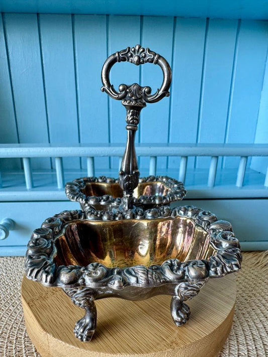 Antique French Gandais Silver Plated Double Dish Caddy