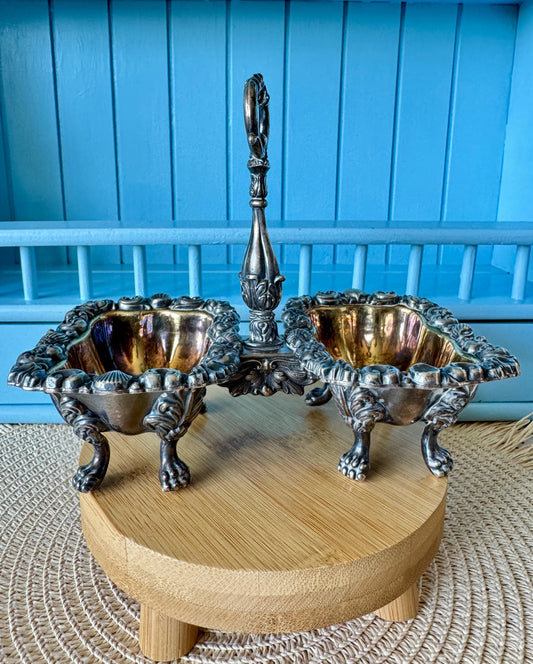 Antique French Gandais Silver Plated Double Dish Caddy